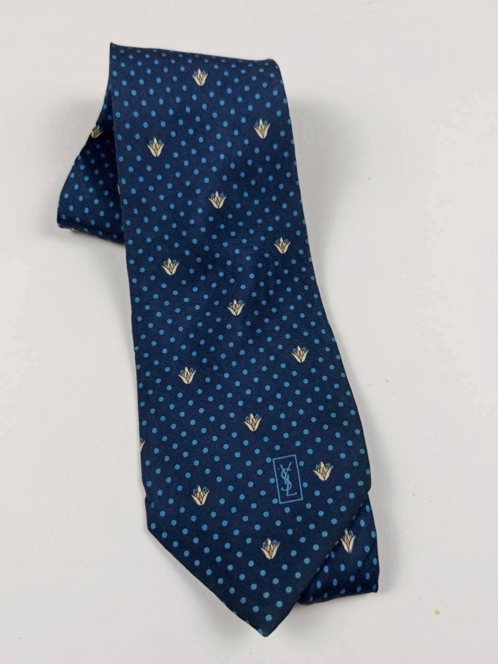 Yves Saint Laurent Navy Blue Silk Tie with Light Blue Dots and Gold Motifs